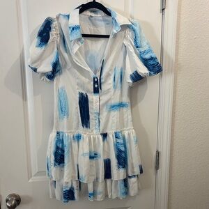 White Tiered Mini Dress with Blue Brushstroke Print